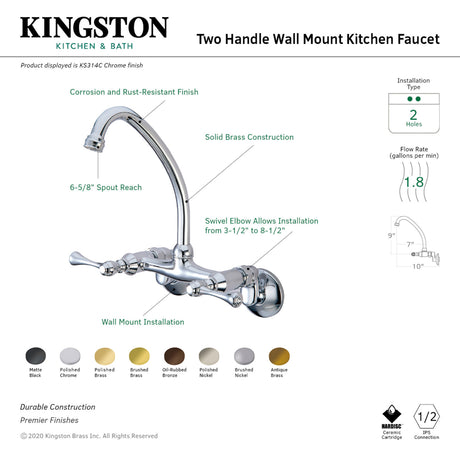 Kingston Brass KS314C Kingston Two Handle Wall Mount Kitchen Faucet, Polished Chrome