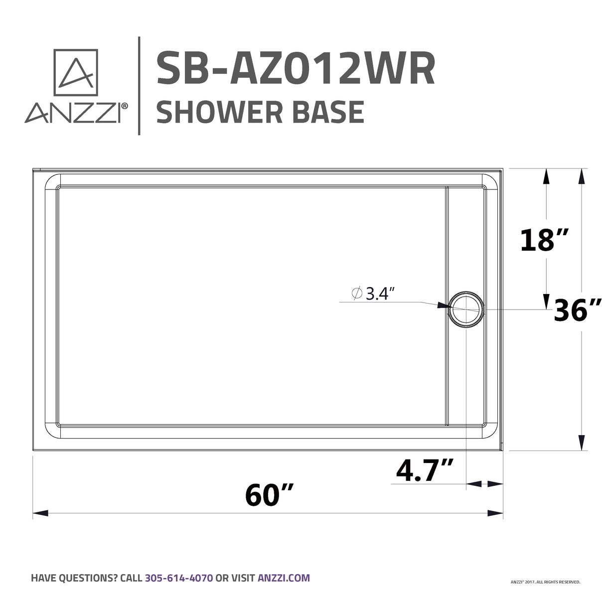 ANZZI SB-AZ012WR Field Series 60 in. x 36 in. Shower Base in White