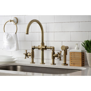 Kingston Brass KS2333NX Hamilton Industrial Style Bridge Kitchen Faucet with Brass Sprayer, Antique Brass