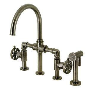 Kingston Brass KS2334RX Belknap Industrial Style Bridge Kitchen Faucet with Brass Sprayer, Black Stainless