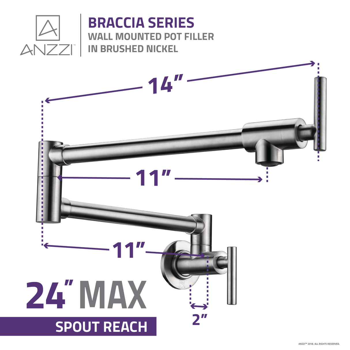 ANZZI KF-AZ258BN Braccia Series 24" Wall Mounted Pot Filler in Brushed Nickel