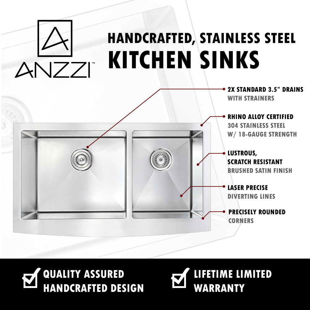 ANZZI K-AZ3320-4A Elysian Farmhouse Stainless Steel 33 in. 0-Hole 60/40 Double Bowl Kitchen Sink in Brushed Satin