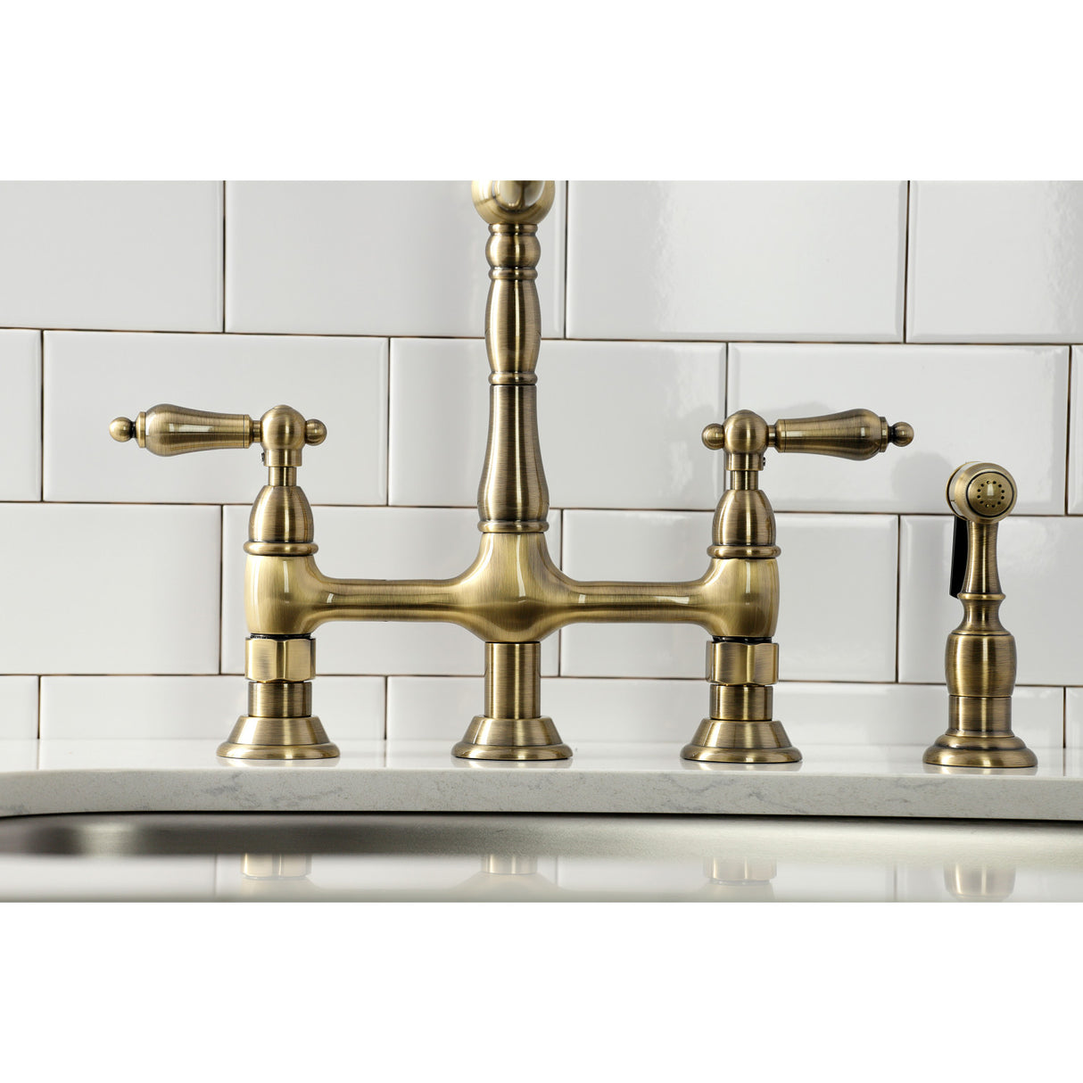 Kingston Brass KS1273ALBS Heritage Bridge Kitchen Faucet with Brass Sprayer, Antique Brass