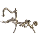 Kingston Brass KS1248ALBS Heritage Wall Mount Bridge Kitchen Faucet with Brass Spray, Brushed Nickel