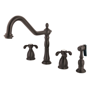 Kingston Brass KB1795TXBS French Country Widespread Kitchen Faucet with Brass Sprayer, Oil Rubbed Bronze