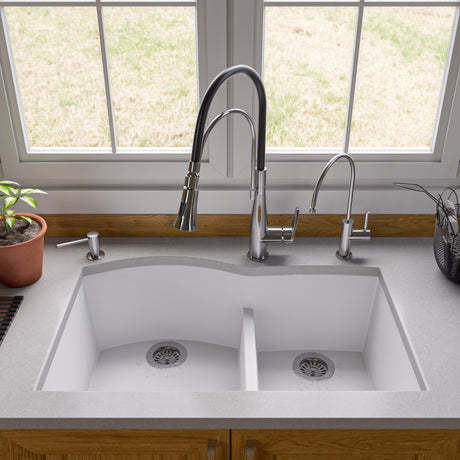 ALFI brand AB3320UM-W White 33" Double Bowl Undermount Granite Composite Kitchen Sink