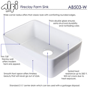 ALFI brand AB503-W White 23" Smooth Apron Fireclay Single Bowl Farmhouse Kitchen Sink