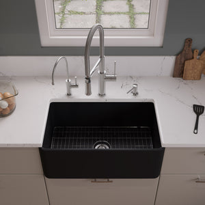 Black Matte Smooth Apron 30" x 18" Single Bowl Fireclay Farm Sink