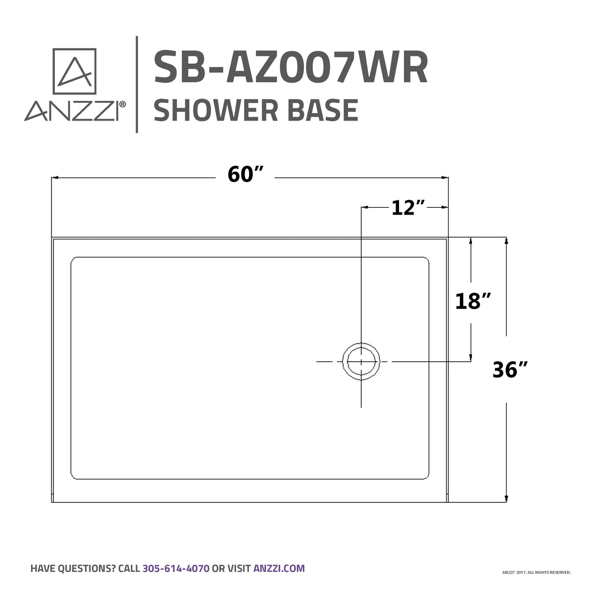 ANZZI SB-AZ007WR Colossi Series 36 in. x 60 in. Single Threshold Shower Base in White