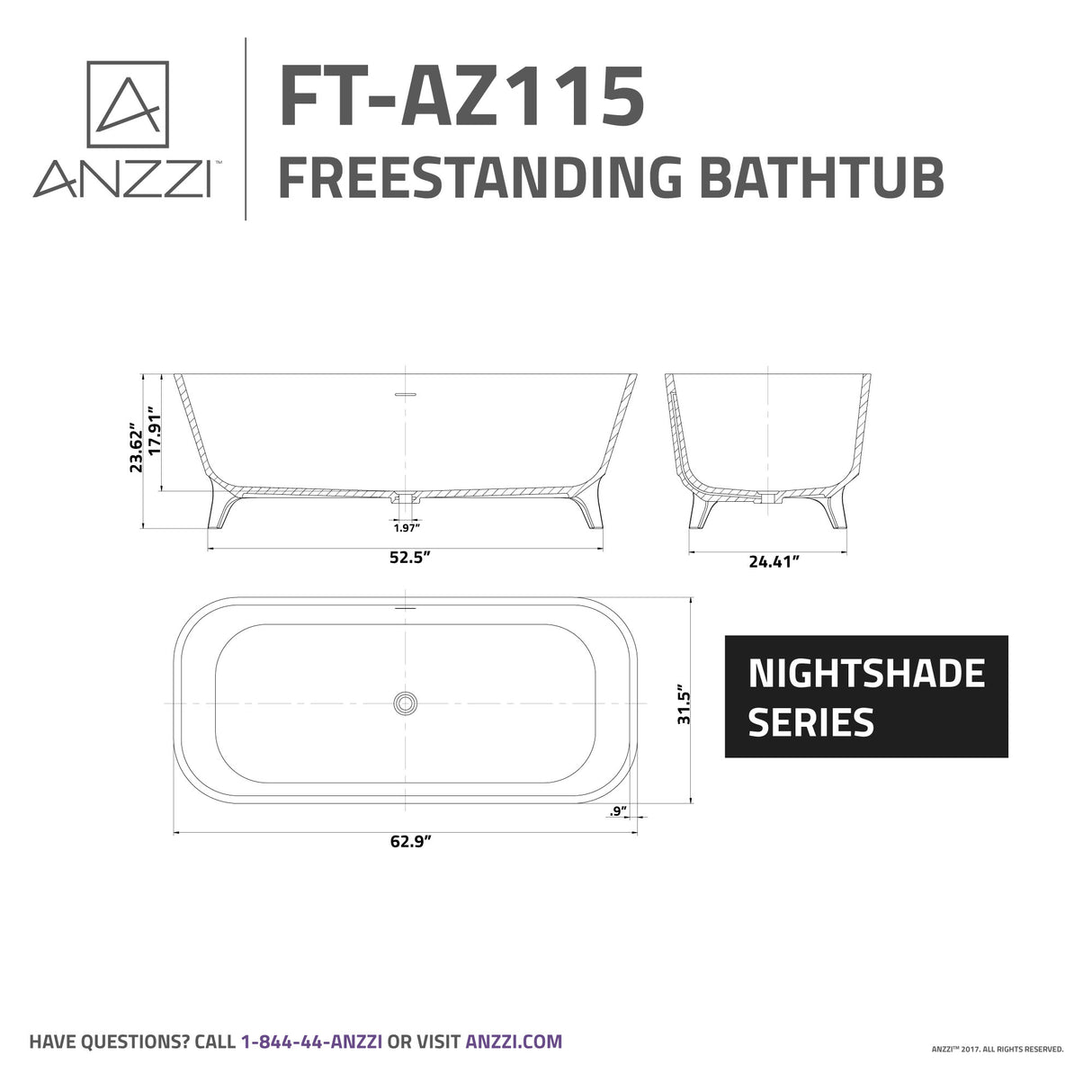 ANZZI FT-AZ115 Nightshade 63 in. Solid Surface Freestanding Bathtub in Matte Black