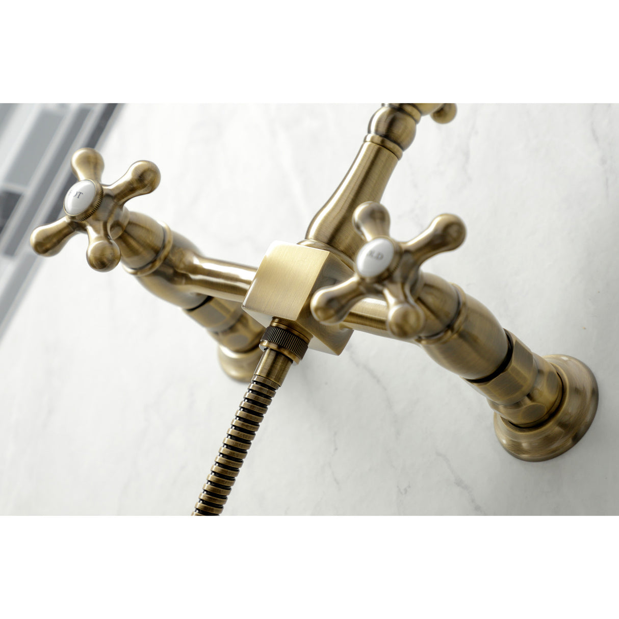 Kingston Brass KS1263AXBS Heritage Wall Mount Bridge Kitchen Faucet with Brass Sprayer, Antique Brass