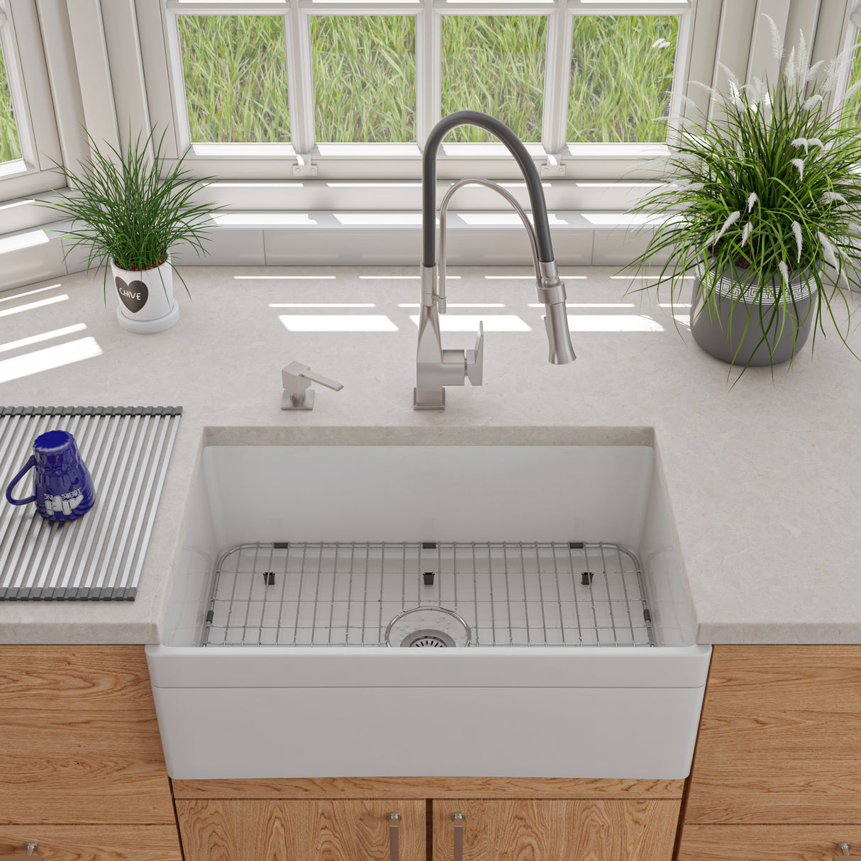 Brushed Nickel Square Kitchen Faucet with Black Rubber Stem