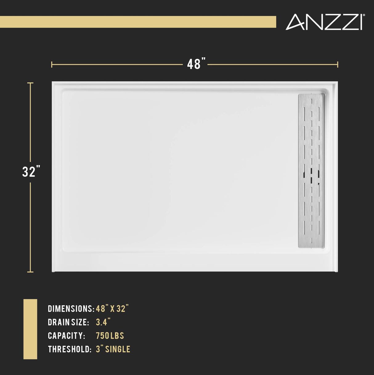 ANZZI SB-AZ103R ALEXANDER 48 in. x 32 in. Right Drain Shower Base in White