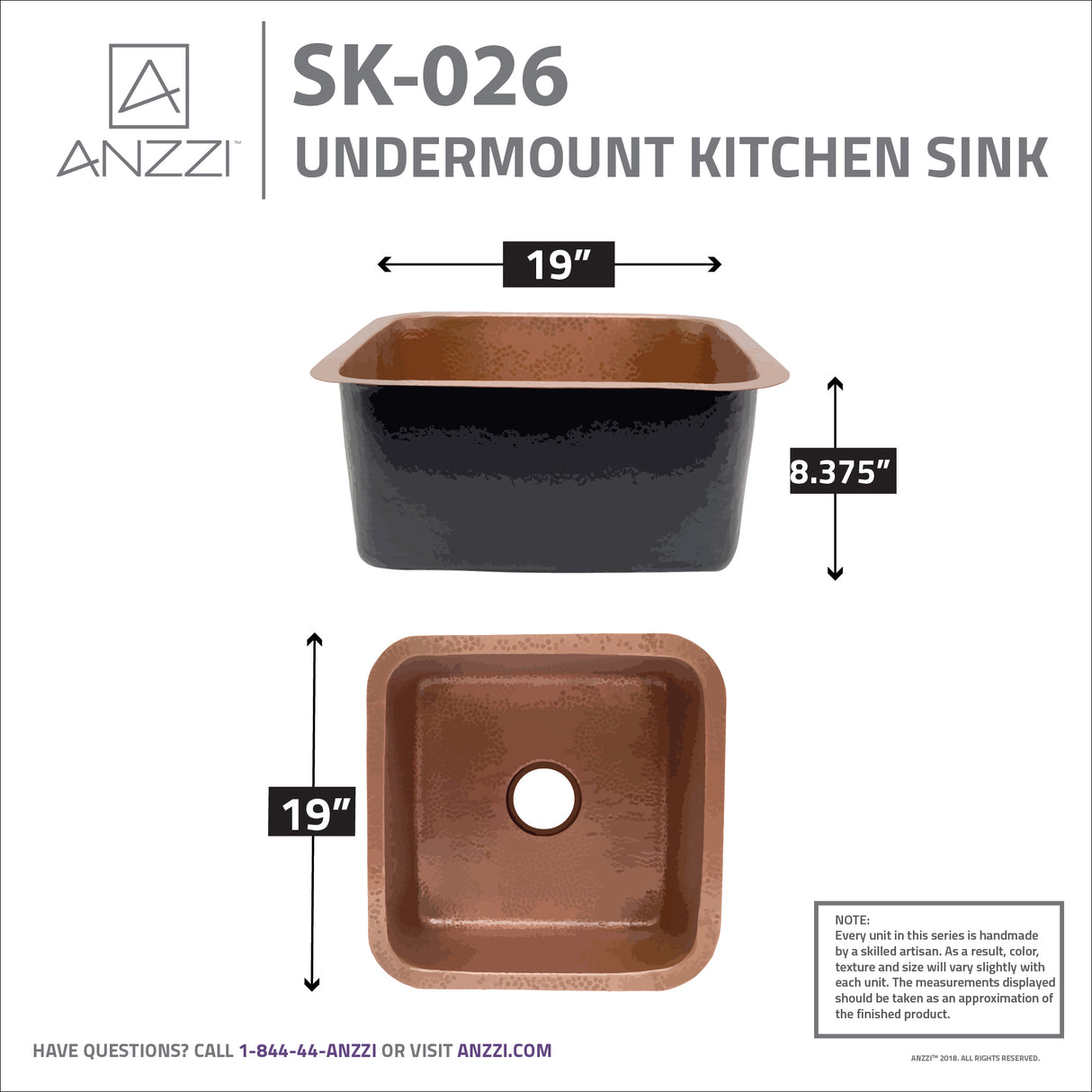 ANZZI SK-026 Malta Drop-in Handmade Copper 19 in. 0-Hole Single Bowl Kitchen Sink in Hammered Antique Copper