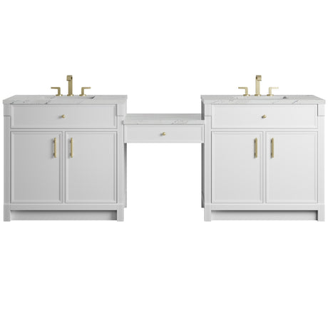 Bellshire 96" Dual Vanity Set with 24" Make-Up Counter, Bright White w/3 cm Ethereal Noctis Silestone Top