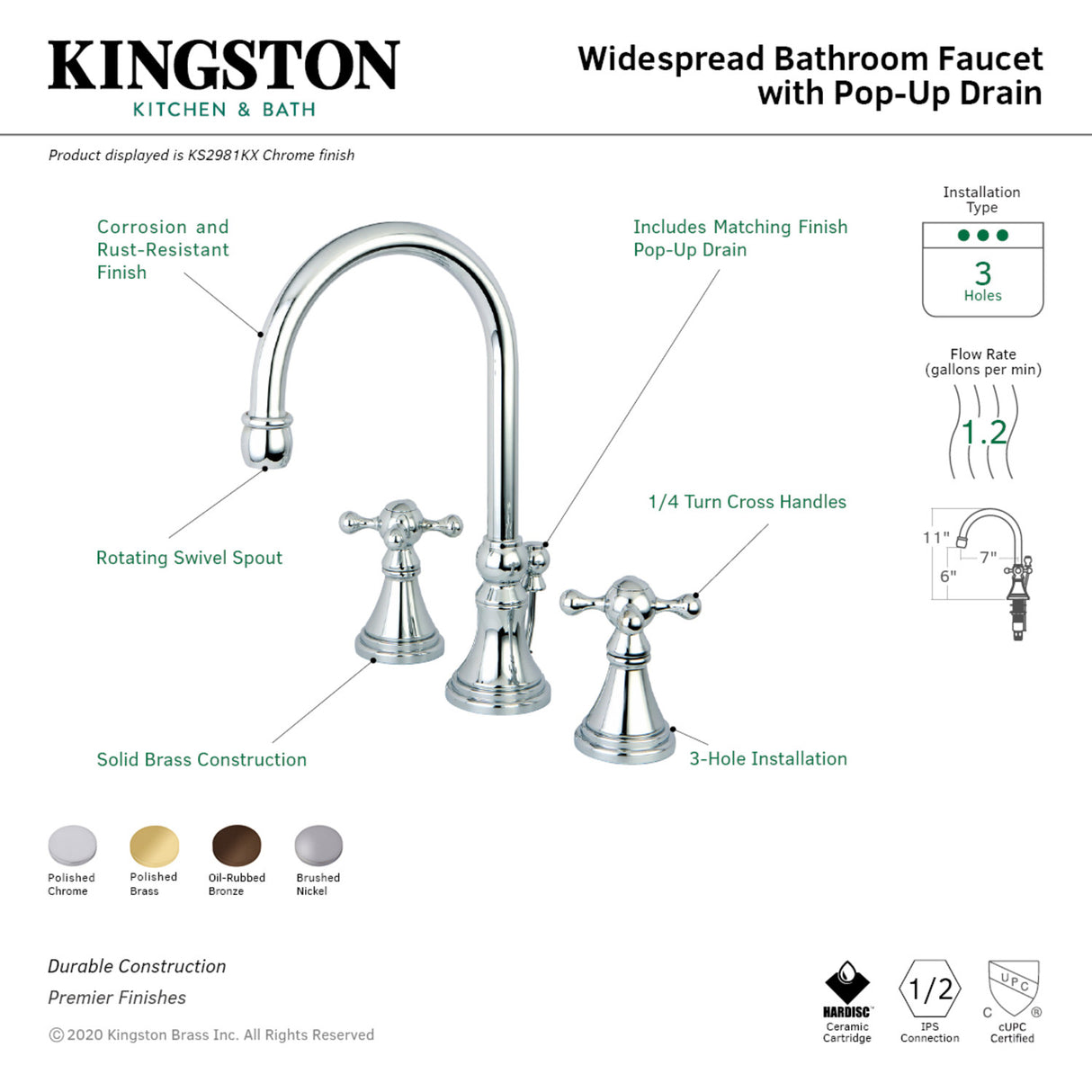 Kingston Brass KS2981KX 8 in. Widespread Bathroom Faucet, Polished Chrome