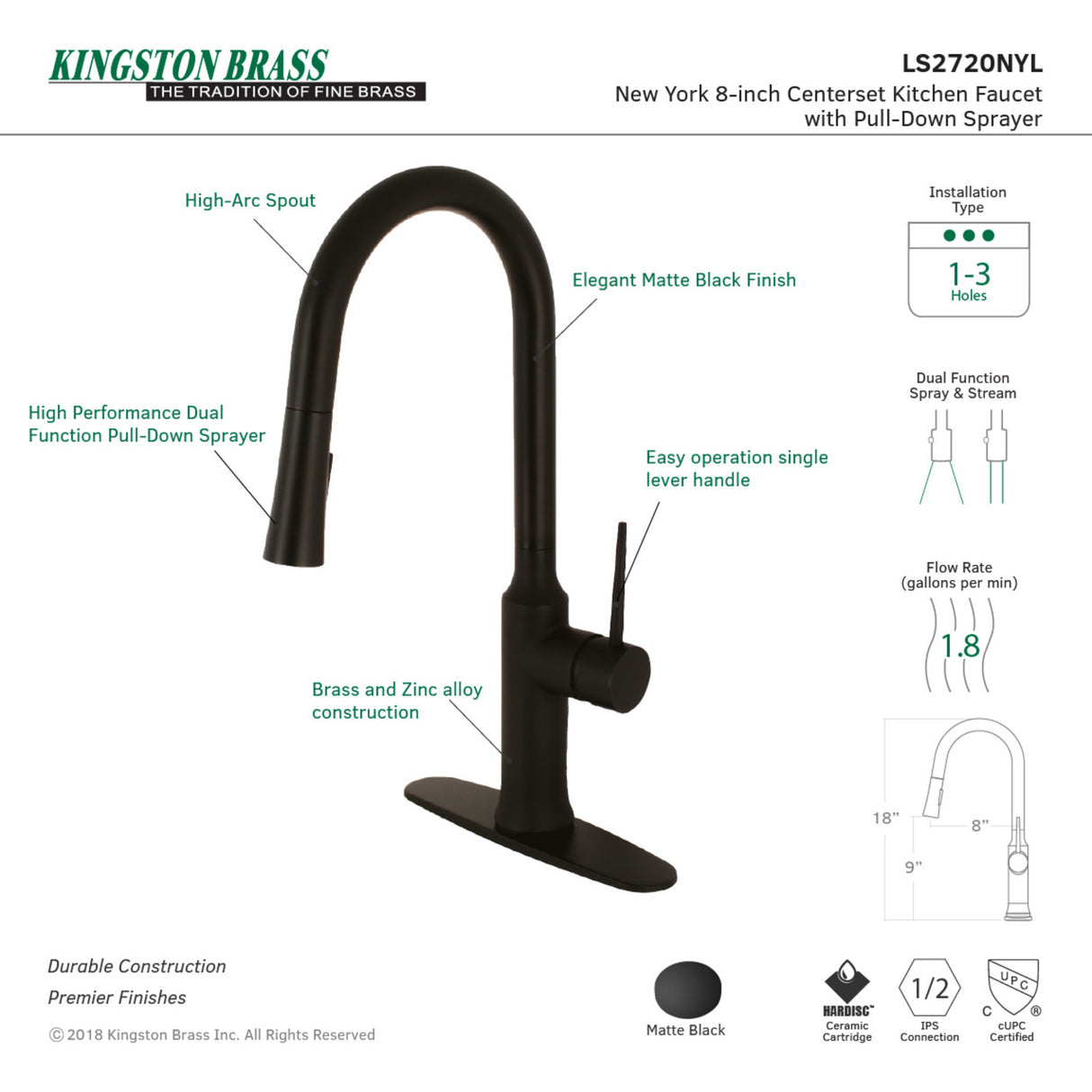Gourmetier LS2720NYL New York Single-Handle Pull-Down Kitchen Faucet, Matte Black