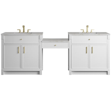 Bellshire 96" Dual Vanity Set with 24" Make-Up Counter, Bright White w/3 cm Victorian Silver Silestone Top