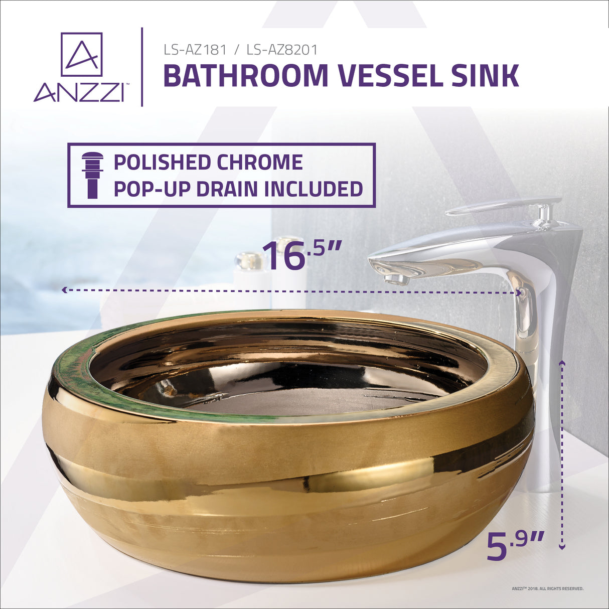 ANZZI LS-AZ8201 Levi Series Vessel Sink in Smoothed Gold