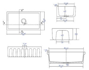 ALFI brand AB3318HS-W White 33" x 18" Reversible Fluted / Smooth Single Bowl Fireclay Farm Sink
