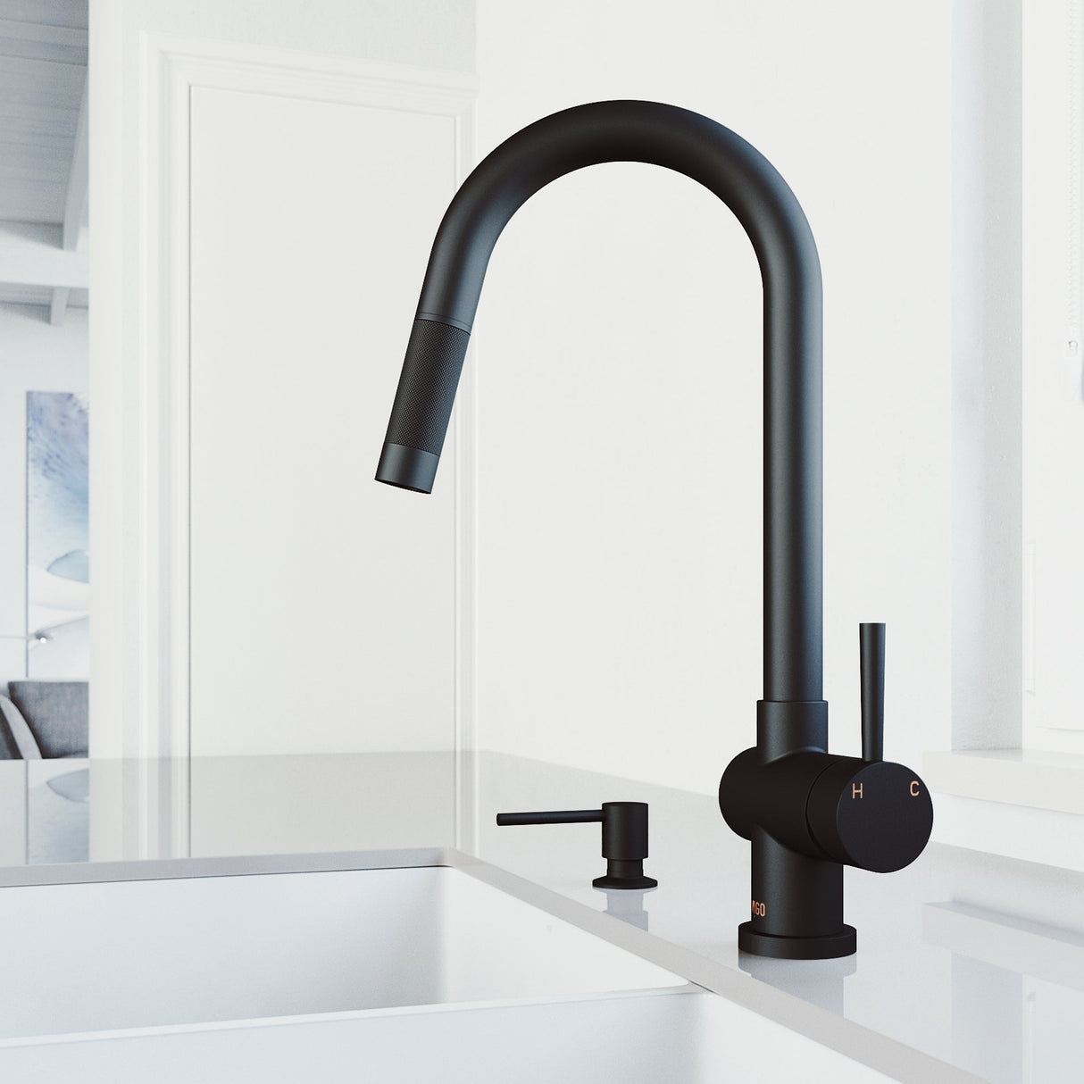 VIGO Gramercy Kitchen Faucet with Soap Dispenser in Matte Black VG02008MBK6