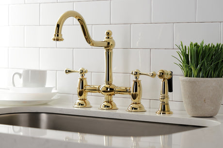 Kingston Brass KS3792BLBS Restoration Bridge Kitchen Faucet with Brass Sprayer, Polished Brass