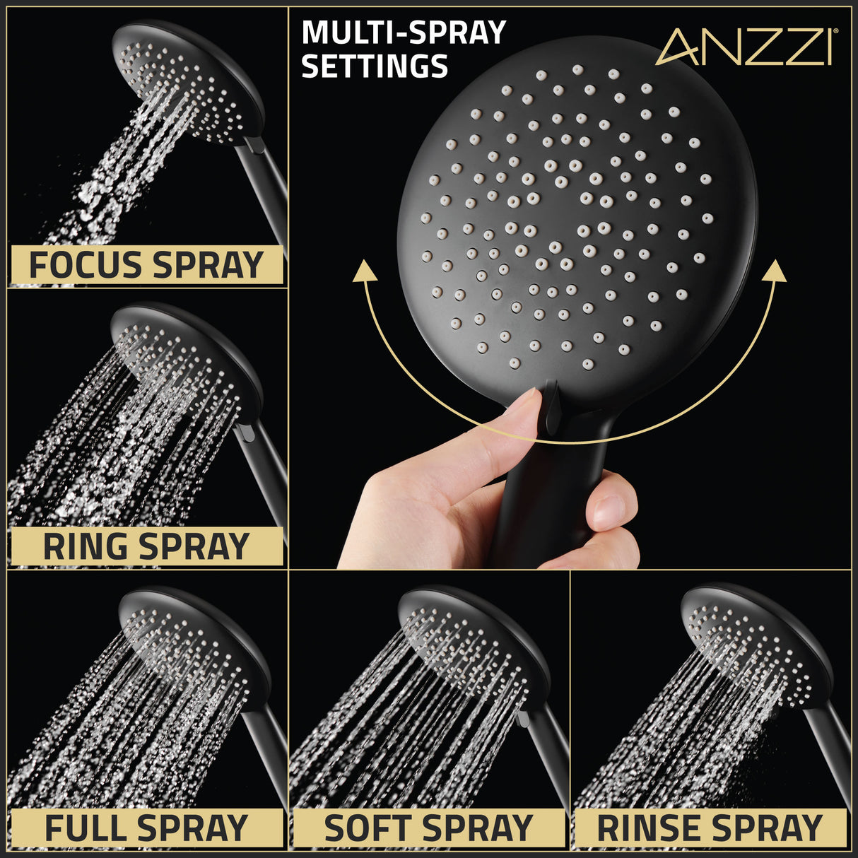 ANZZI SH-AZ101MB Heavy Rainfall Stainless Steel Shower Bar with Hand Sprayer in Matte Black