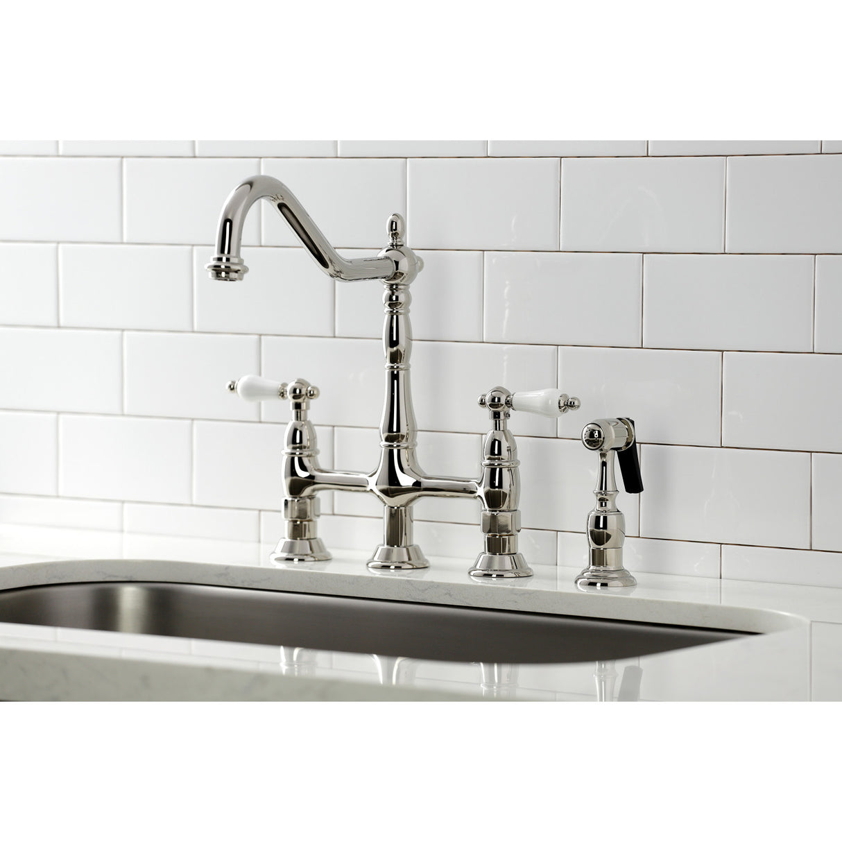Kingston Brass KS1276PLBS Heritage Bridge Kitchen Faucet with Brass Sprayer, Polished Nickel