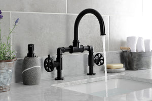 Kingston Brass KS2170RX Belknap Industrial Style Wheel Handle Bridge Bathroom Faucet with Pop-Up Drain, Matte Black