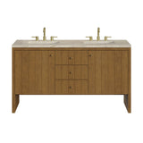 Hudson 60" Double Vanity, Honey Oak w/ 3 CM Tajnar Eclos Top w/FreePower Wireless Charger
