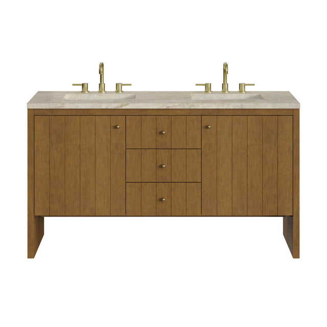 Hudson 60" Double Vanity, Honey Oak w/ 3 CM Tajnar Eclos Top w/FreePower Wireless Charger