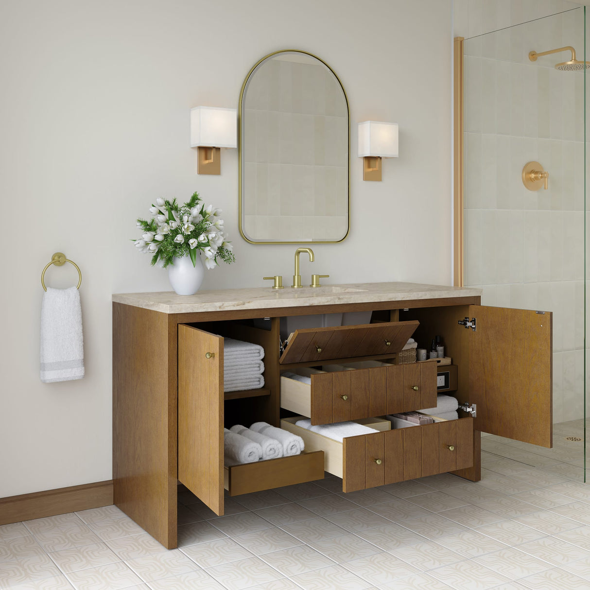 Hudson 60" Single Vanity, Honey Oak w/ 3 CM Tajnar Eclos Top w/FreePower Wireless Charger