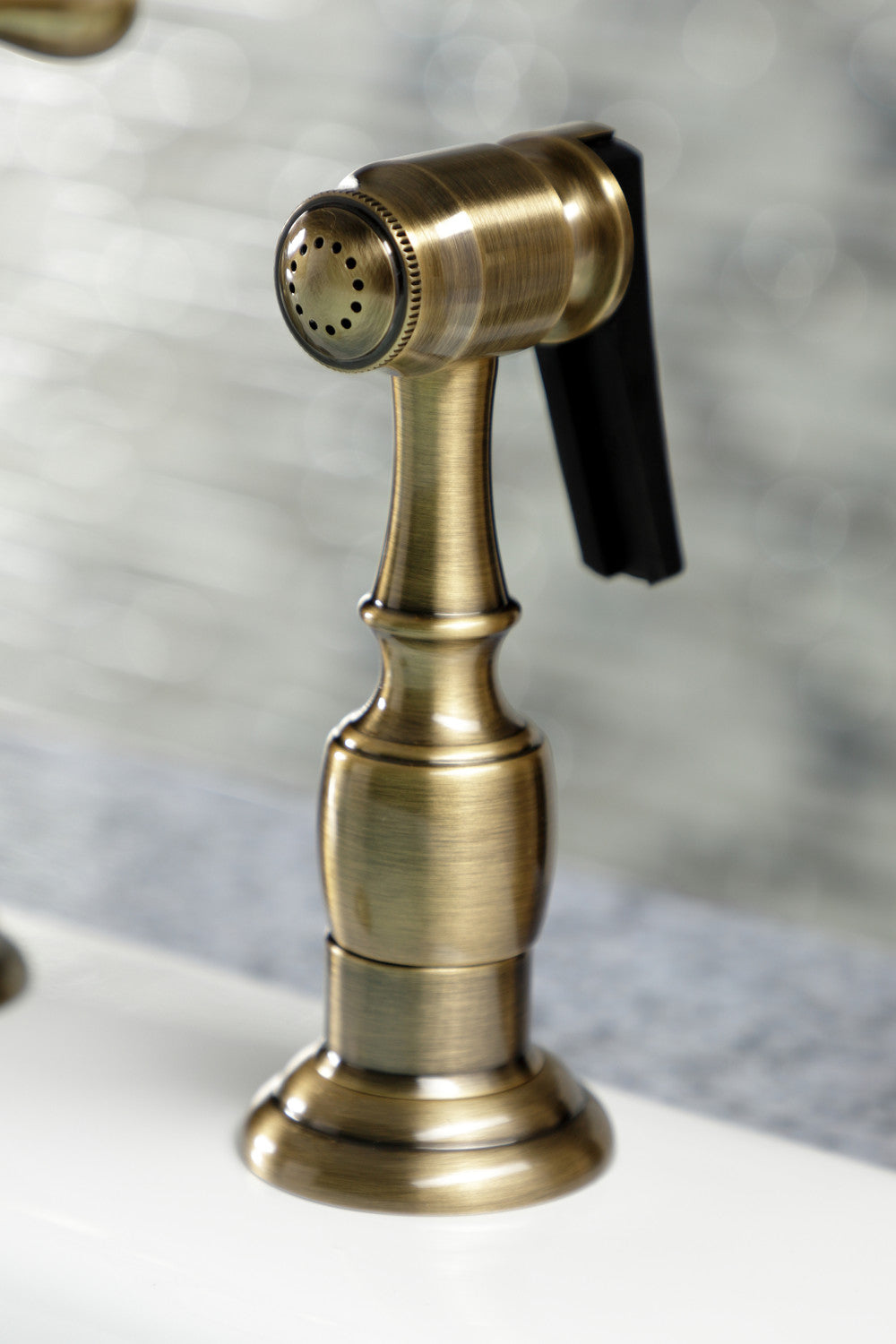Kingston Brass KS1273AXBS Heritage Bridge Kitchen Faucet with Brass Sprayer, Antique Brass