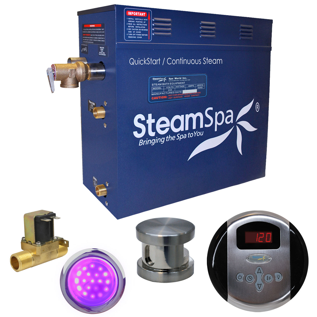 SteamSpa Indulgence 7.5 KW QuickStart Acu-Steam Bath Generator Package with Built-in Auto Drain in Brushed Nickel IN750BN-A