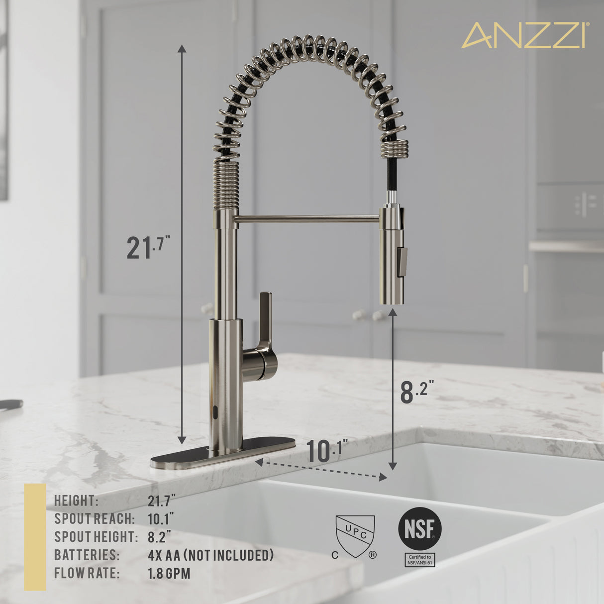 ANZZI KF-AZ303BN Ola Hands Free Touchless 1-Handle Pull-Down Sprayer Kitchen Faucet with Motion Sense and Fan Sprayer in Brushed Nickel