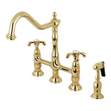 Kingston Brass KS1272TXBS French Country Bridge Kitchen Faucet with Brass Sprayer, Polished Brass