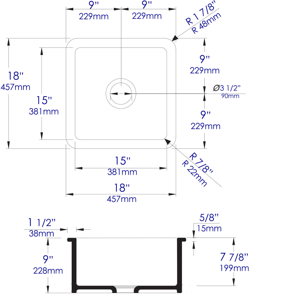 Black Matte Square 18" x 18" Undermount / Drop In Fireclay Prep Sink