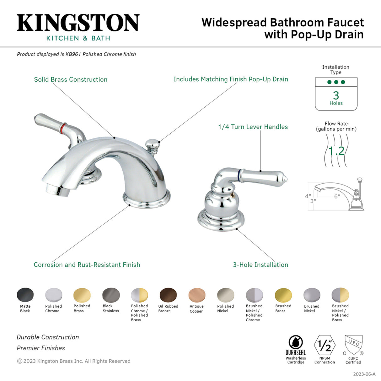 Kingston Brass KB964 Magellan Widespread Bathroom Faucet with Retail Pop-Up, Polished Chrome/Polished Brass