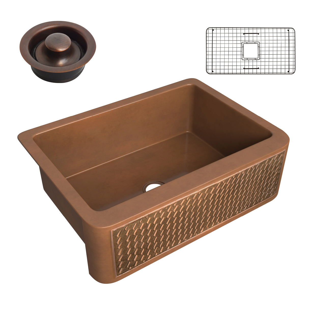 ANZZI SK-016 Edessa Farmhouse Handmade Copper 30 in. 0-Hole Single Bowl Kitchen Sink with Weave Design Panel in Polished Antique Copper