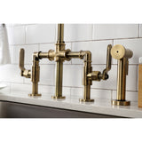 Kingston Brass KS2333KL Whitaker Industrial Style Bridge Kitchen Faucet with Brass Sprayer, Antique Brass