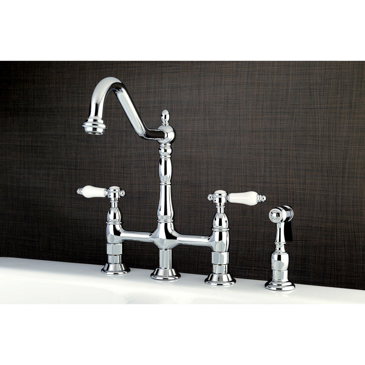 Kingston Brass KS1271BPLBS Bel-Air Bridge Kitchen Faucet with Brass Sprayer, Polished Chrome
