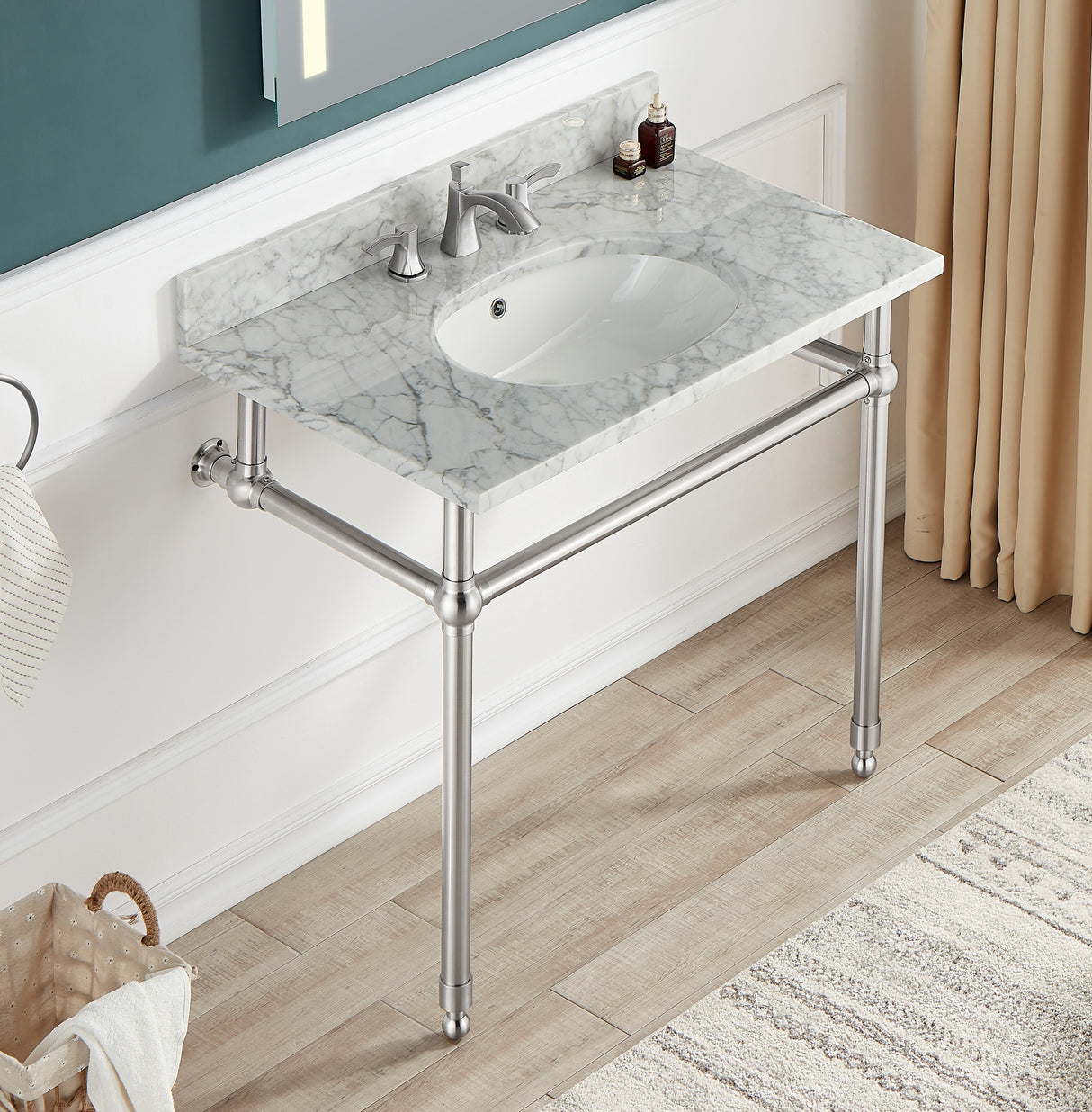 ANZZI CS-FGC004-BN Verona 34.5 in. Console Sink in Brushed Nickel with Carrara White Counter Top