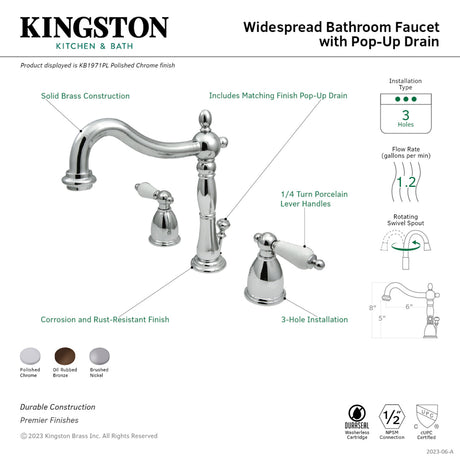 Kingston Brass KB1975PL Heritage Widespread Bathroom Faucet with Plastic Pop-Up, Oil Rubbed Bronze