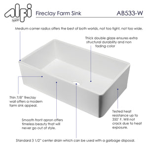 ALFI brand AB533-W 33" White Smooth Apron Single Bowl Fireclay Farm Sink