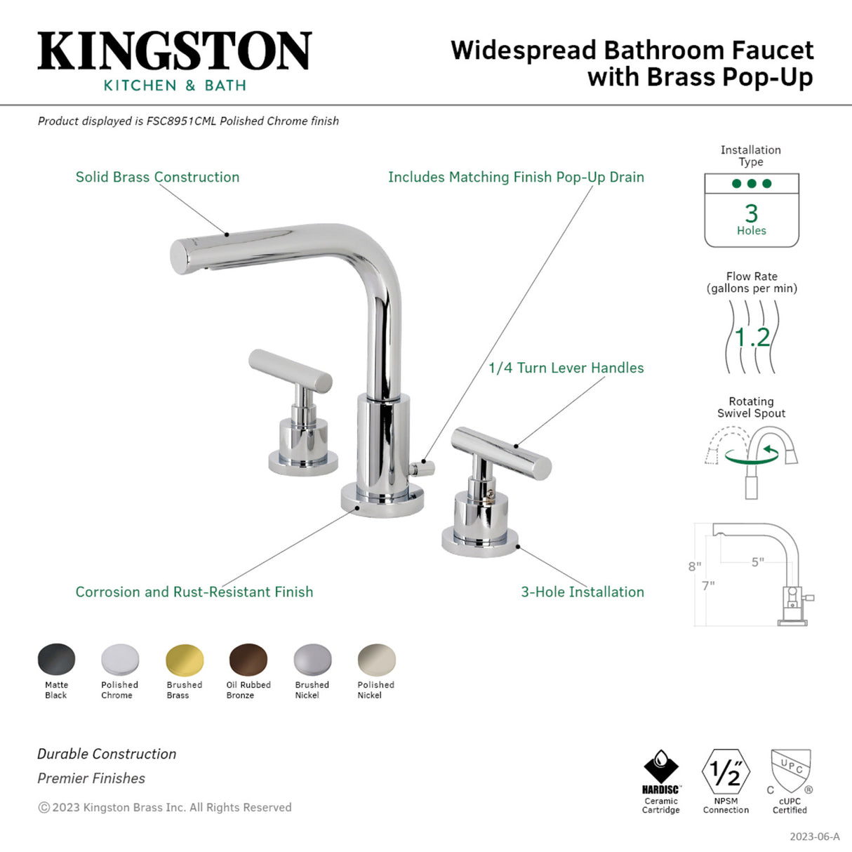 Kingston Brass FSC8953CML Manhattan Widespread Bathroom Faucet with Brass Pop-Up, Brushed Brass