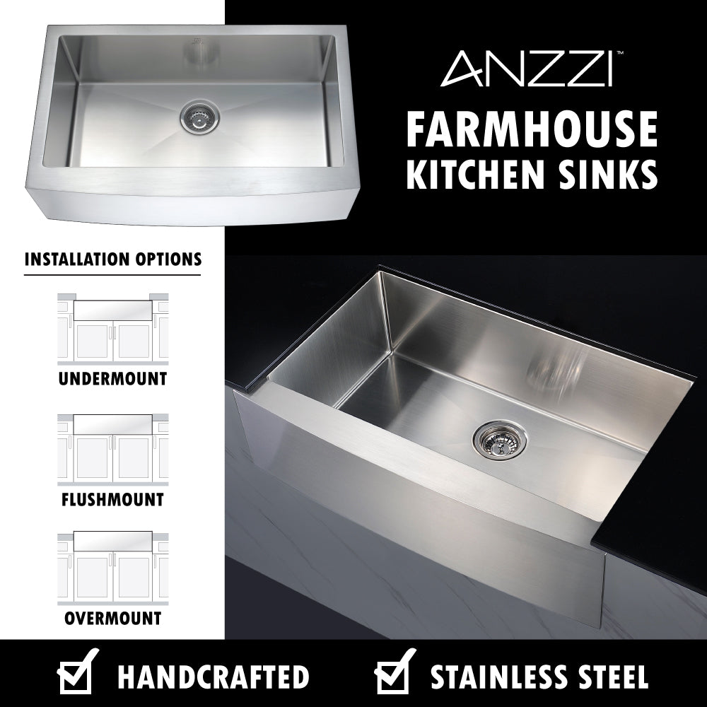 ANZZI K-AZ3620-1A Elysian Farmhouse Stainless Steel 36 in. Single Bowl Kitchen Sink in Brushed Satin