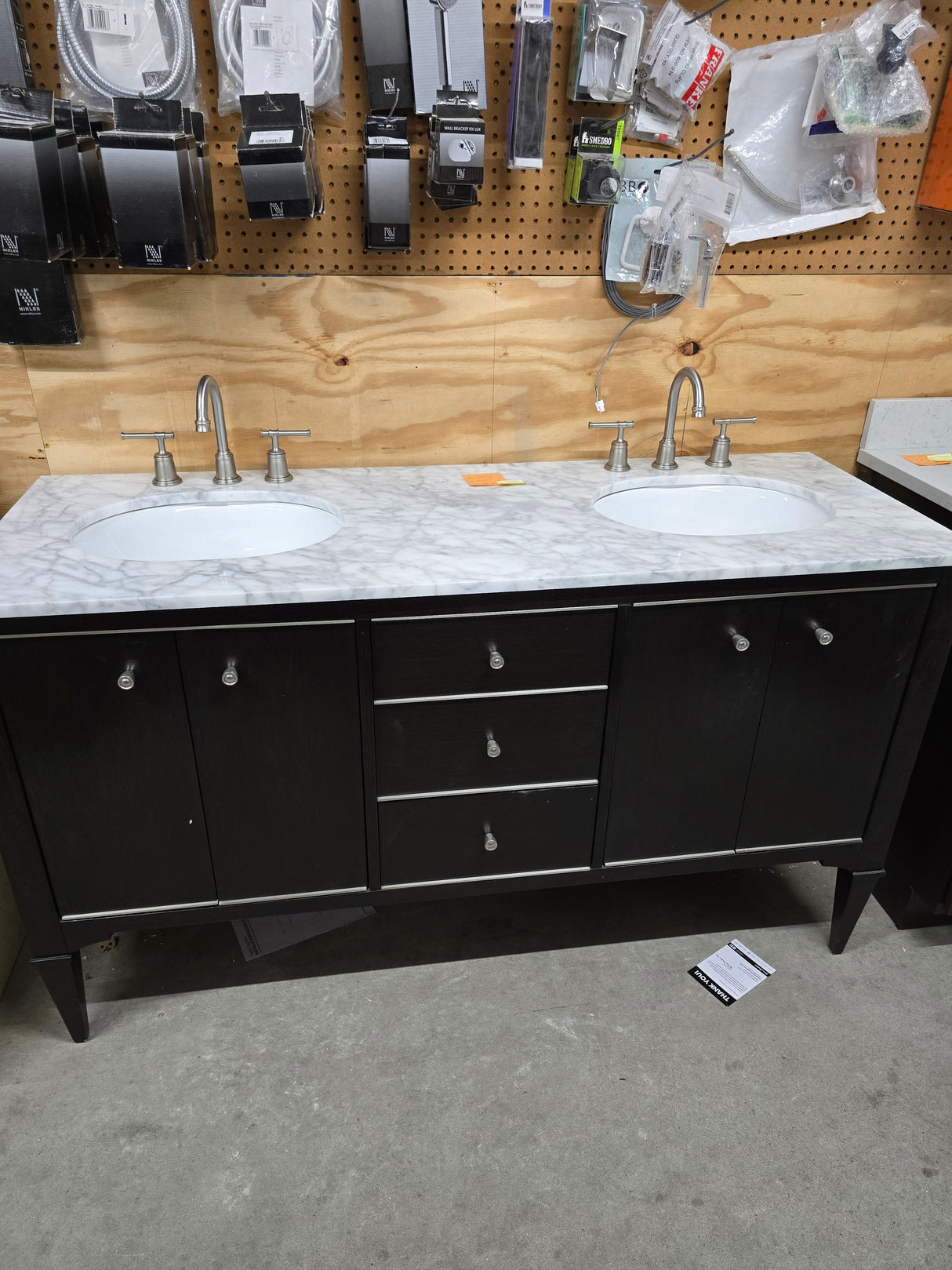 60" Black Double Bowl Vanity with Marble Top and Brushed Nickel Faucets
