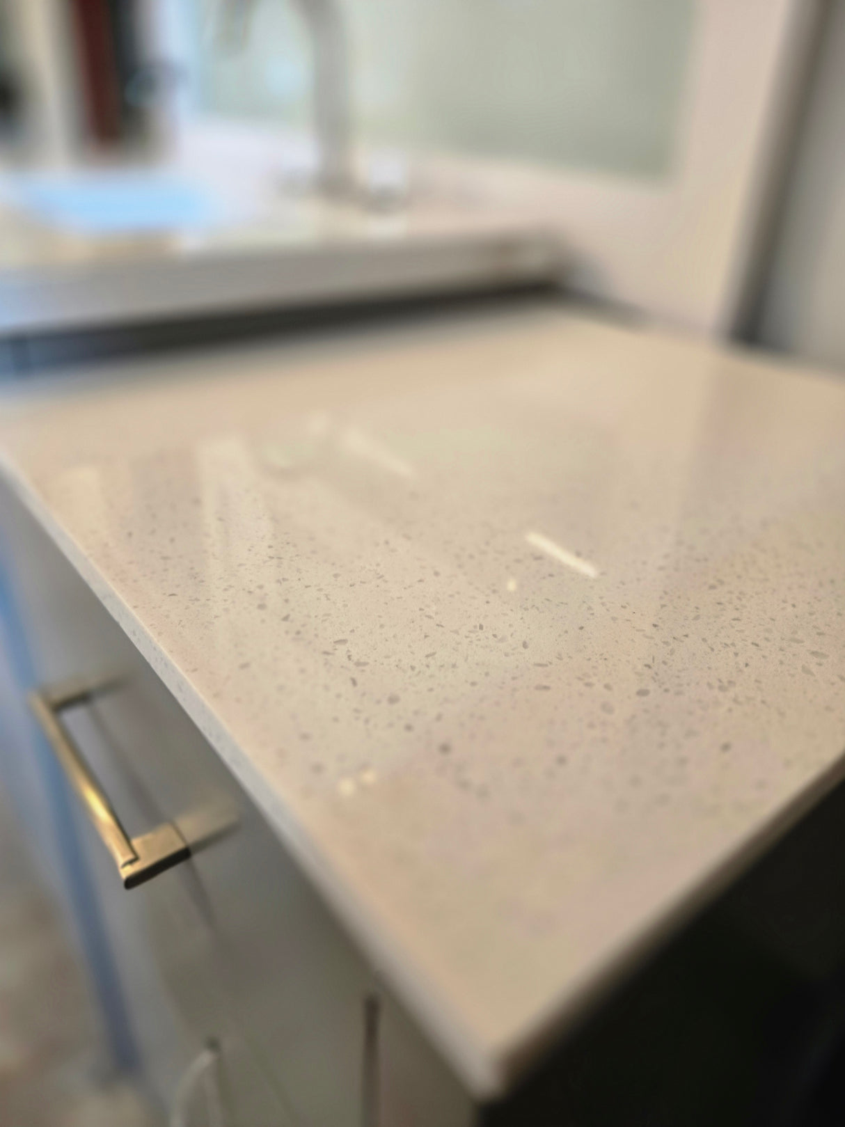 57" Grey Split Vanity Set with Dazzle White Quartz Top and Brushed Nickel Widespread Faucet