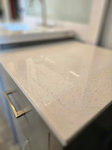 57" Grey Split Vanity Set with Dazzle White Quartz Top and Brushed Nickel Widespread Faucet