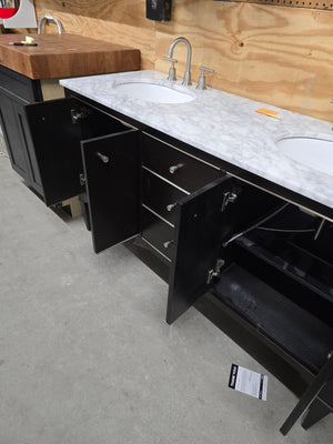 60" Black Double Bowl Vanity with Marble Top and Brushed Nickel Faucets